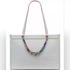 Karl Lagerfeld White Tote with Multicolor Chain Detail